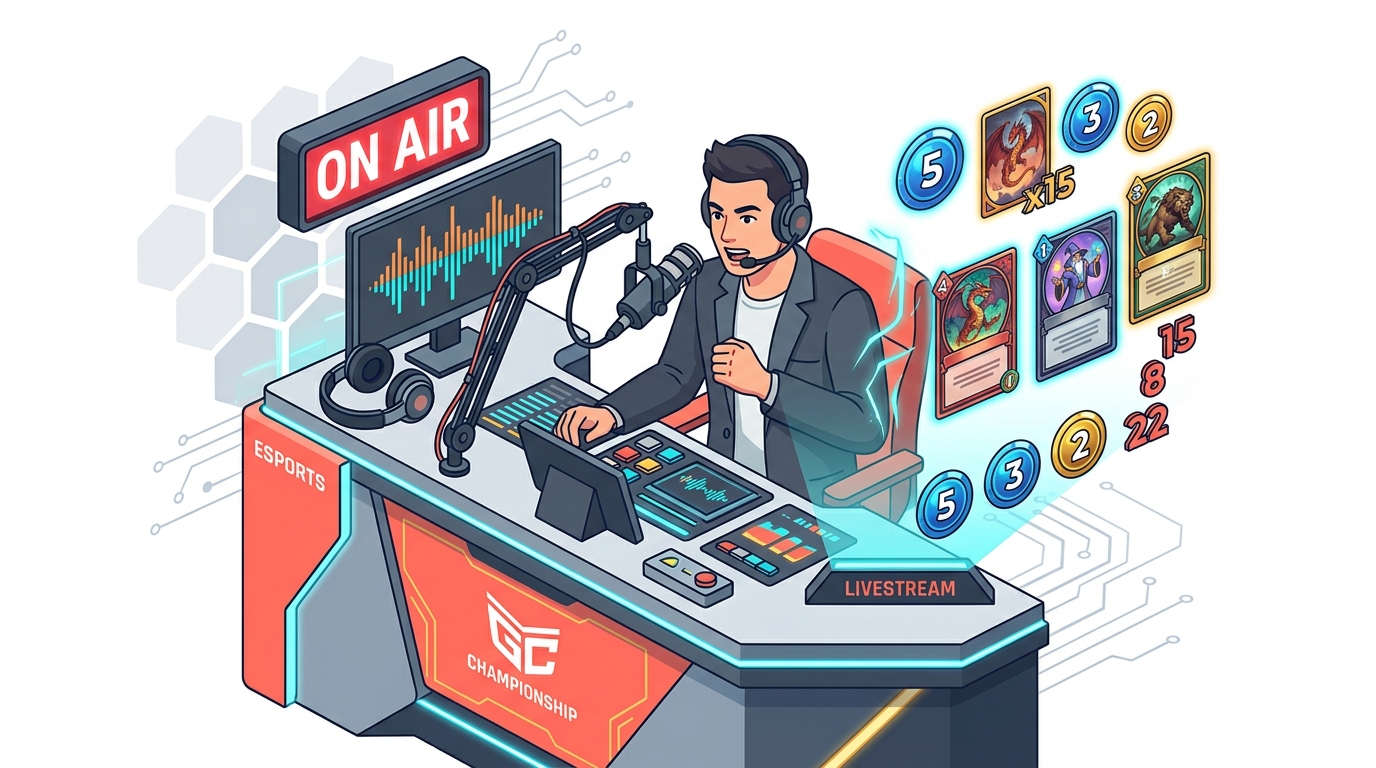 Modern vector illustration of an esports announcer at a broadcast desk with microphone, ON AIR sign, and floating MTG card overlays on pure white background